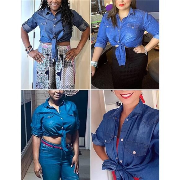 Women's Denim Crop Top Roll Up 3/4 Sleeve Shirt Tie Front Knot Chambra - Picture 6 of 7